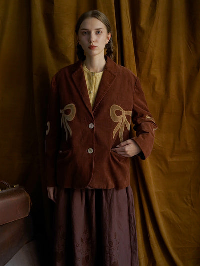 Unlogical Poem Bow-knot Appliques Brown Cotton corduroy Blazer