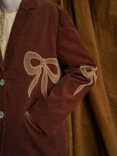 Unlogical Poem Bow-knot Appliques Brown Cotton corduroy Blazer