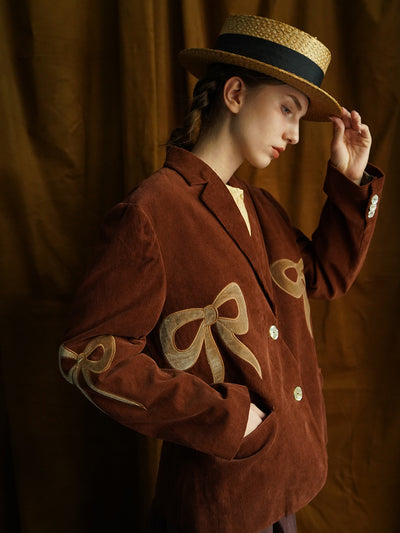 Unlogical Poem Bow-knot Appliques Brown Cotton corduroy Blazer