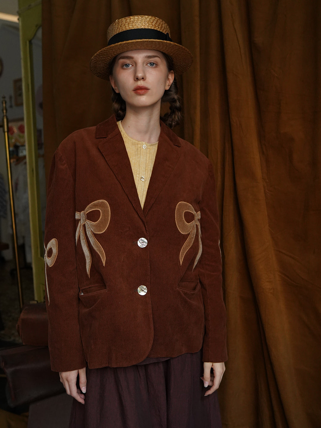 Unlogical Poem Bow-knot Appliques Brown Cotton corduroy Blazer