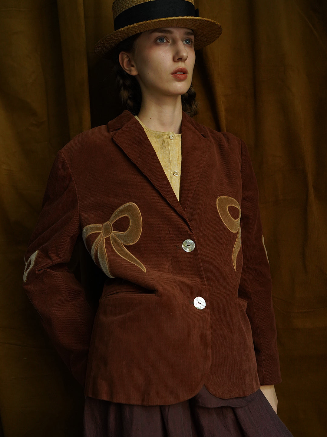 Unlogical Poem Bow-knot Appliques Brown Cotton corduroy Blazer