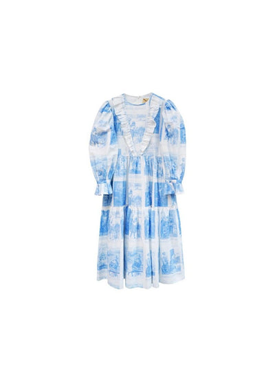 Unlogical Poem Retro Illustrated Print Ruffled Puff Sleeve Dress