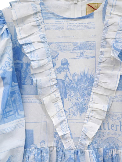 Unlogical Poem Retro Illustrated Print Ruffled Puff Sleeve Dress