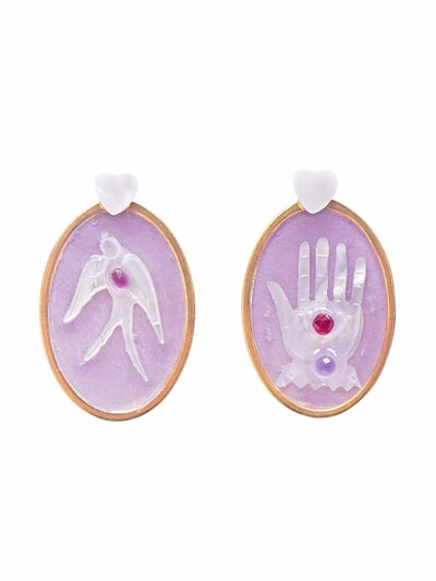 Unlogical Poem Hand/Bird  Oval Natural Shell Handmade Ear-clips