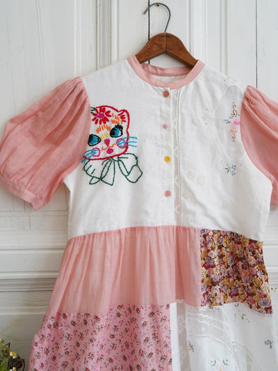 Unlogical Poem Cat Embroidery Lace Printed Patchwork Dress