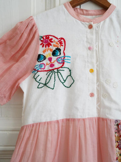 Unlogical Poem Cat Embroidery Lace Printed Patchwork Dress