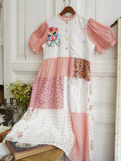 Unlogical Poem Cat Embroidery Lace Printed Patchwork Dress