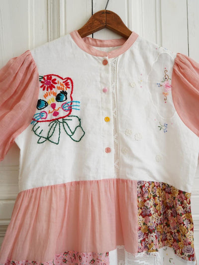 Unlogical Poem Cat Embroidery Lace Printed Patchwork Dress