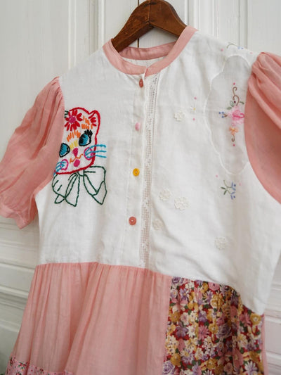 Unlogical Poem Cat Embroidery Lace Printed Patchwork Dress