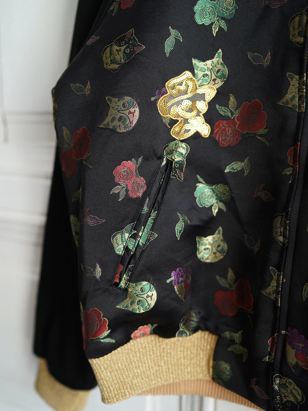 Unlogical Poem Cat Brocade Patchwork Black Jacket