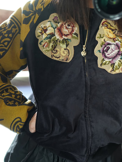 Unlogical Poem Black Velvet Embroidery Patchwork Souvenir Jacket