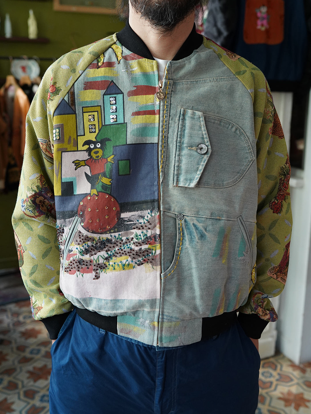 Unlogical Poem Childlike Print Beading Patchwork Souvenir Jacket