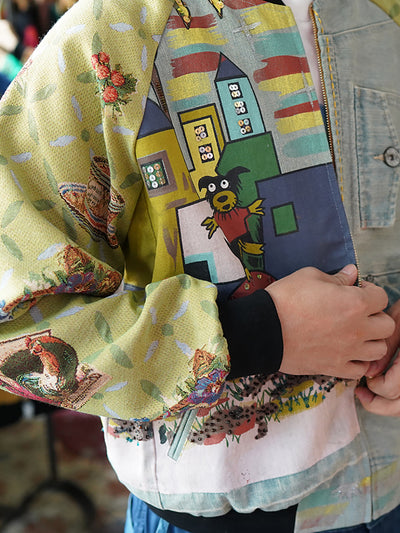 Unlogical Poem Childlike Print Beading Patchwork Souvenir Jacket