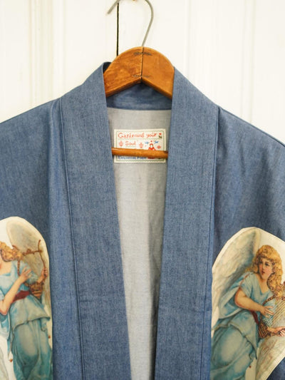Unlogical Poem Vintage Accordion Angel Print Patchwork Denim  Kimono