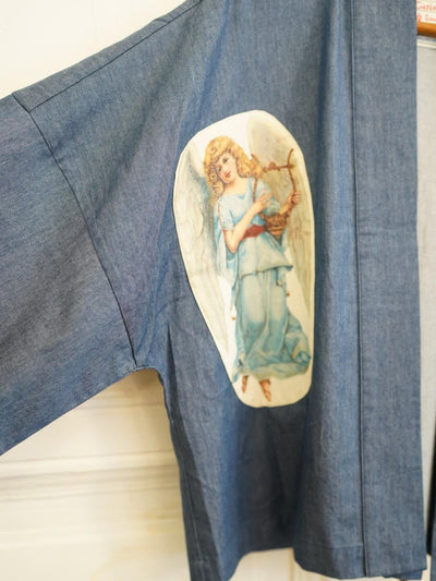 Unlogical Poem Vintage Accordion Angel Print Patchwork Denim  Kimono