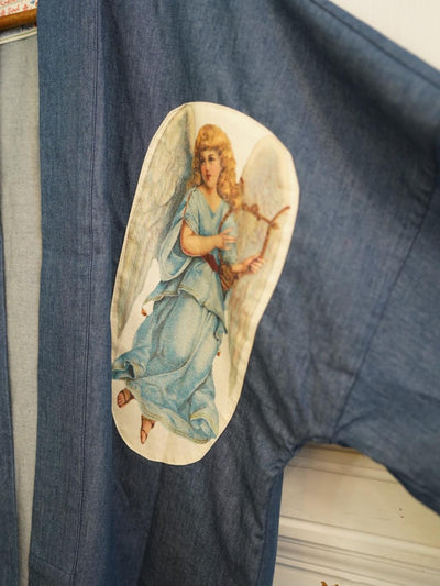 Unlogical Poem Vintage Accordion Angel Print Patchwork Denim  Kimono