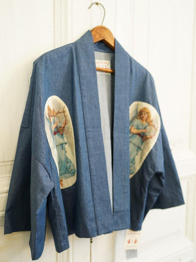 Unlogical Poem Vintage Accordion Angel Print Patchwork Denim  Kimono