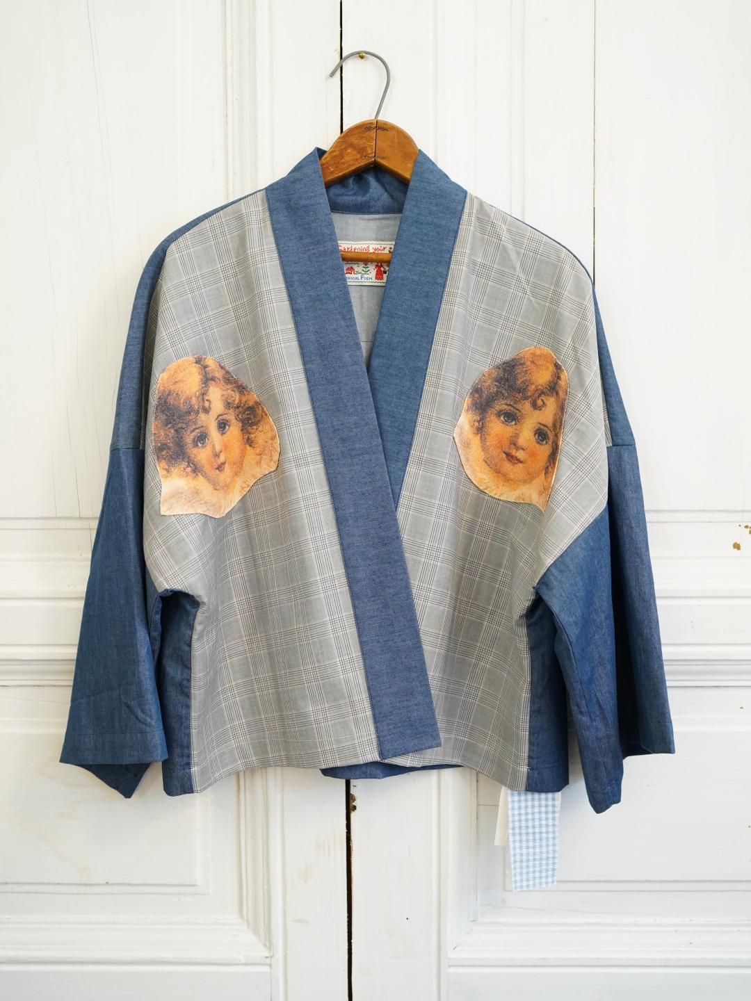 Unlogical Poem Vintage Collage Angel Print Patchwork Denim  Kimono