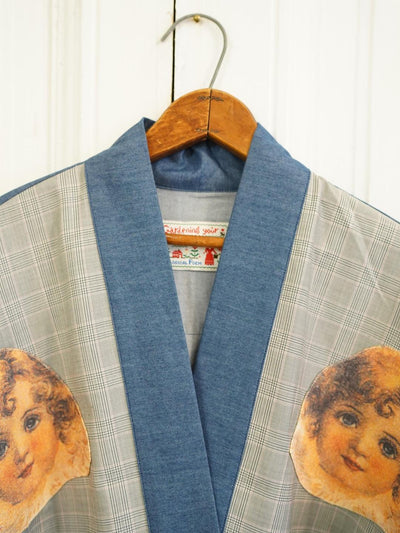 Unlogical Poem Vintage Collage Angel Print Patchwork Denim  Kimono