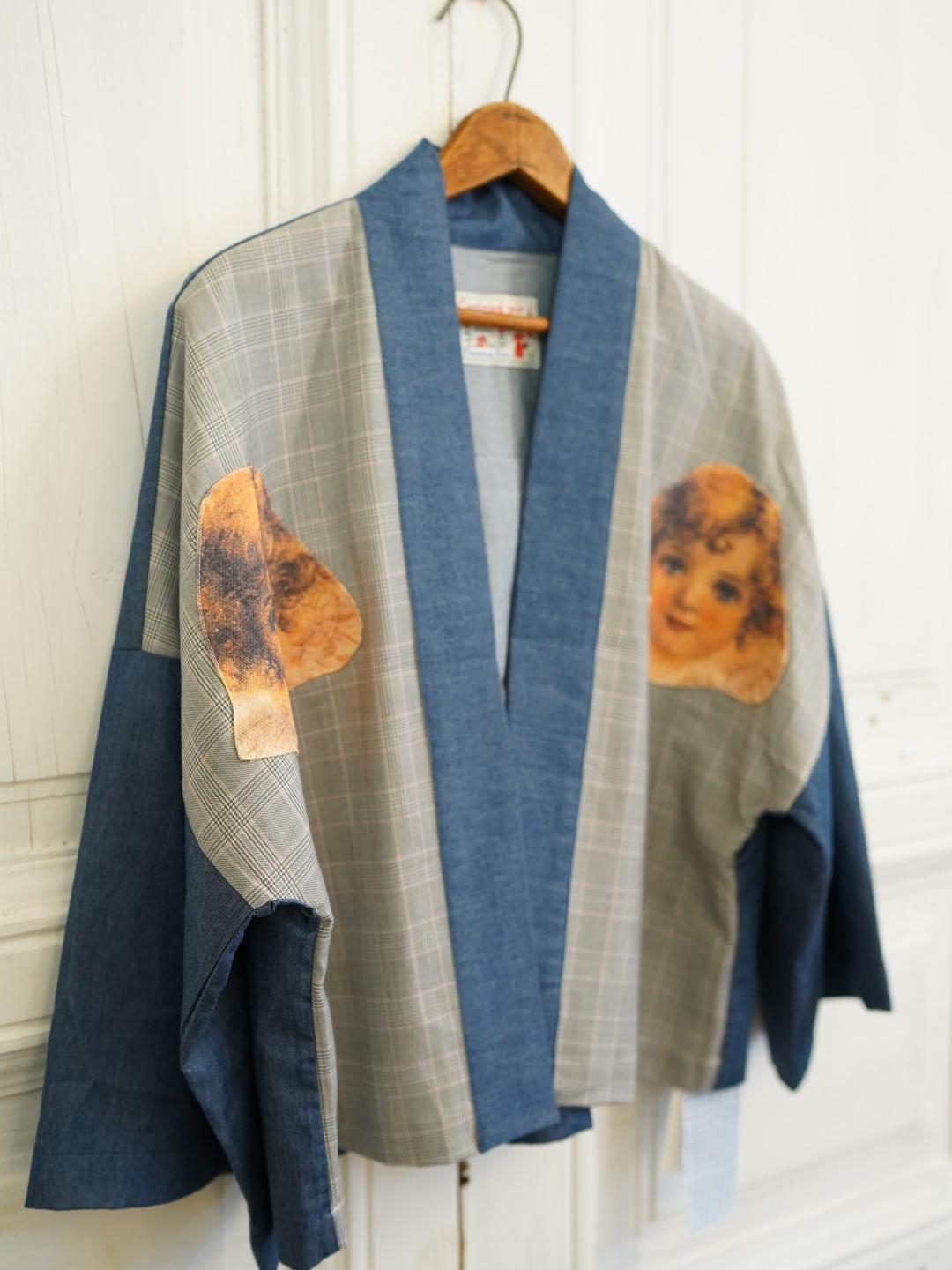Unlogical Poem Vintage Collage Angel Print Patchwork Denim  Kimono