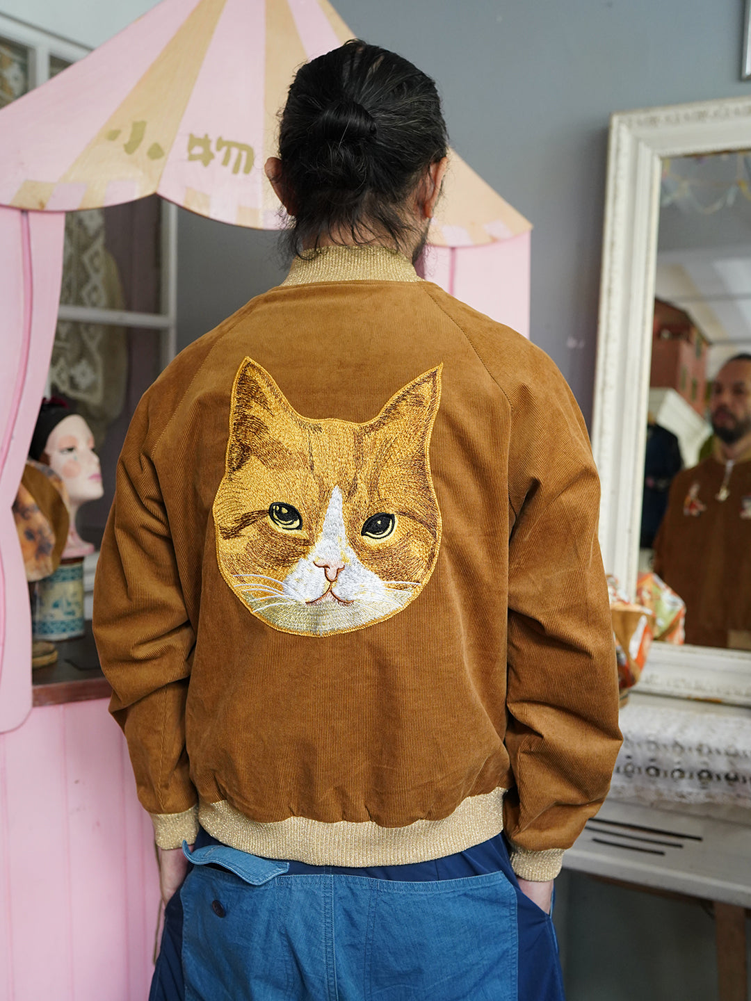 Unlogical Poem Cat Embroidery  Patchwork Brown Jacket