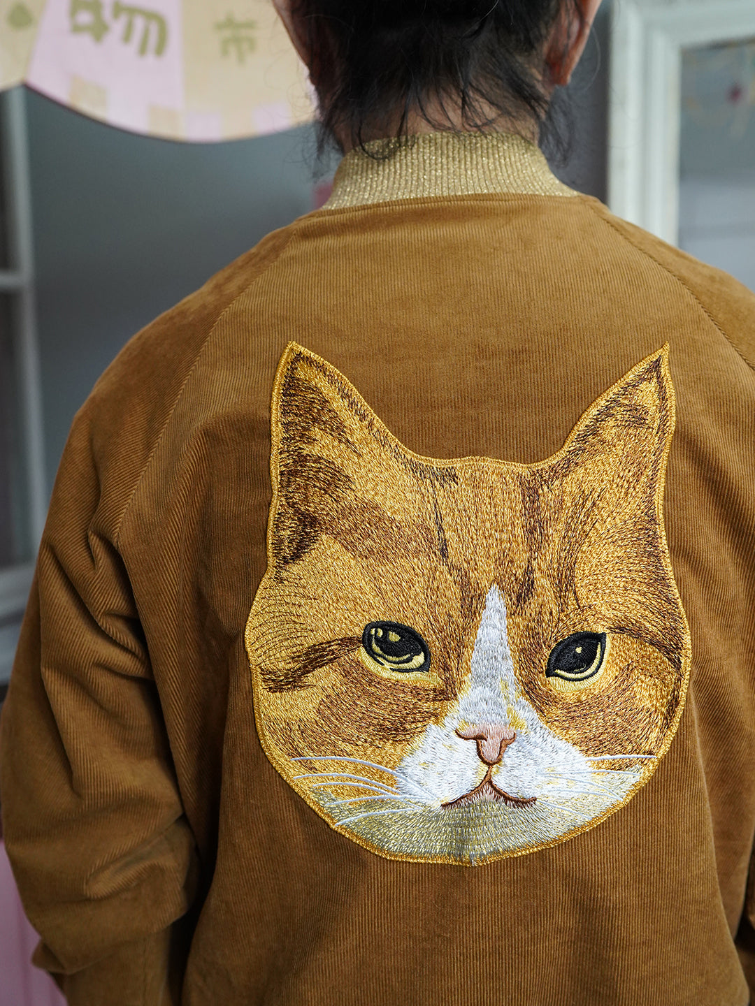 Unlogical Poem Cat Embroidery  Patchwork Brown Jacket