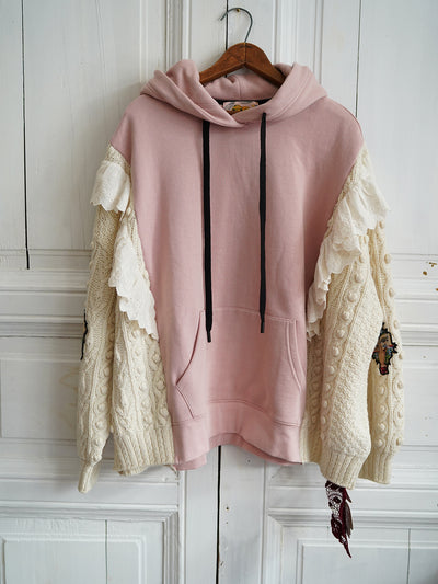 Unlogical Poem Flower Patchwork Lace Knitted Pink Hoodie