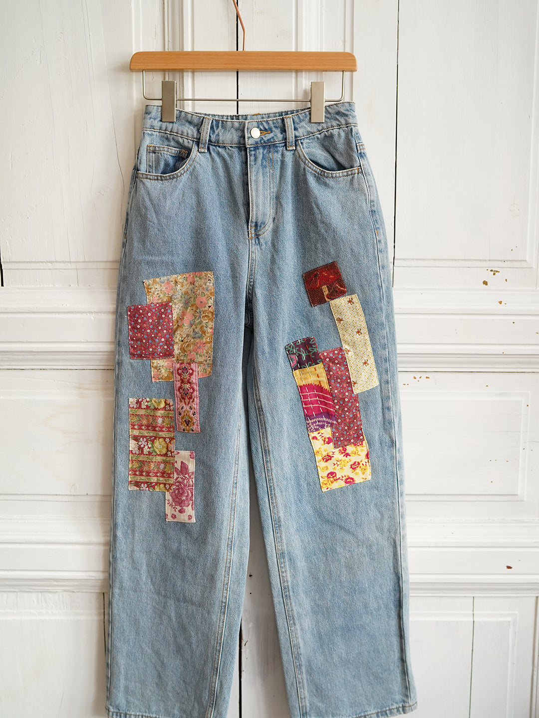 Unlogical Poem Print Fabric Collage Jeans