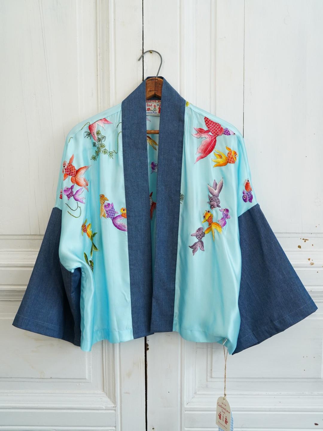 Unlogical Poem Koi Fish Embroidered Silk Patchwork Denim Kimono