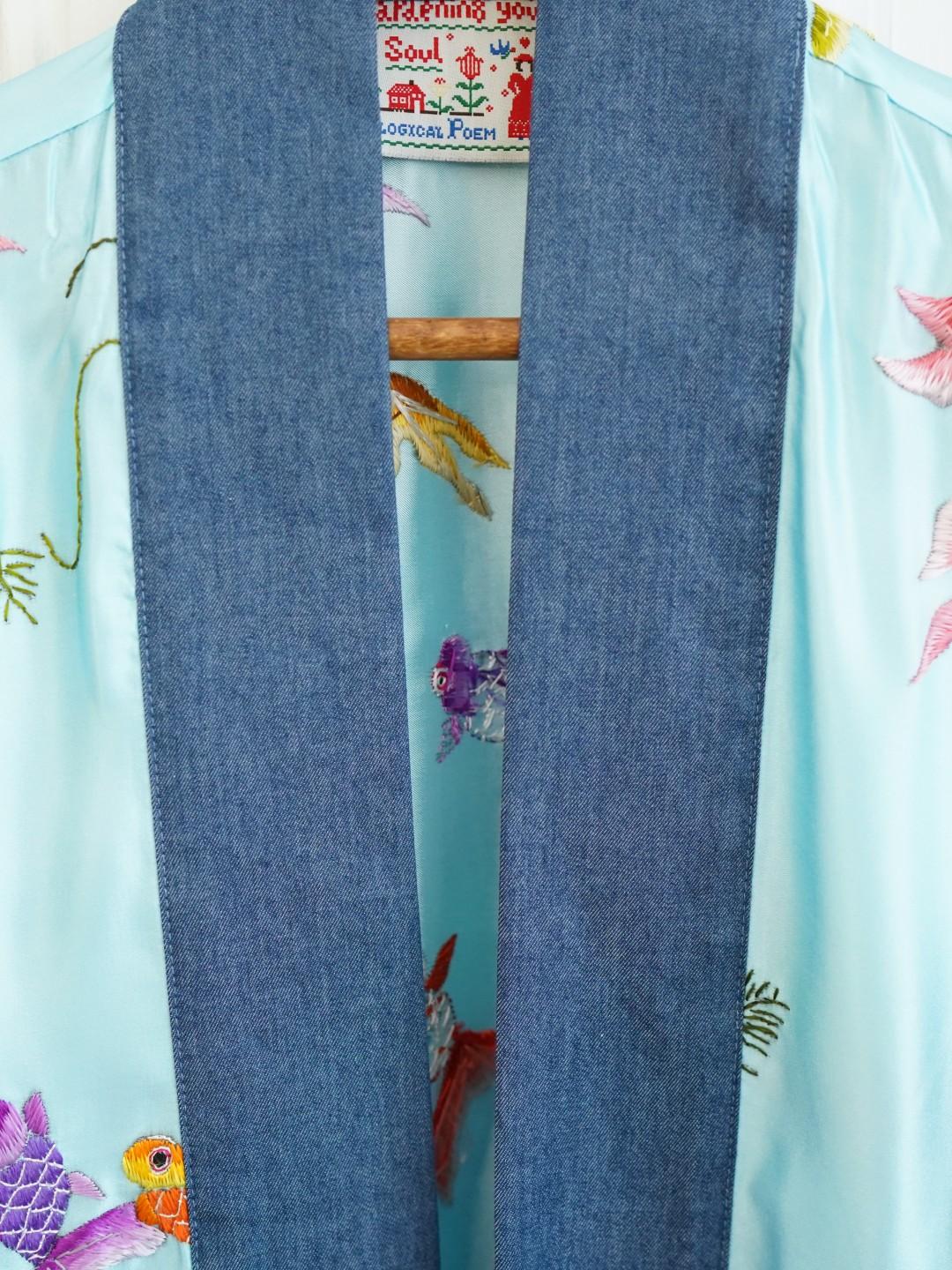 Unlogical Poem Koi Fish Embroidered Silk Patchwork Denim Kimono