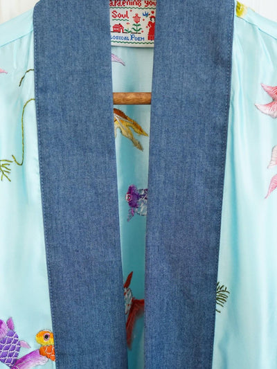 Unlogical Poem Koi Fish Embroidered Silk Patchwork Denim Kimono
