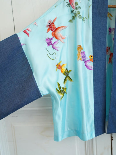Unlogical Poem Koi Fish Embroidered Silk Patchwork Denim Kimono