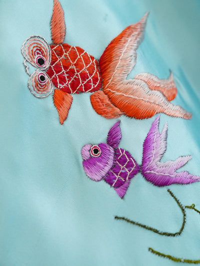 Unlogical Poem Koi Fish Embroidered Silk Patchwork Denim Kimono