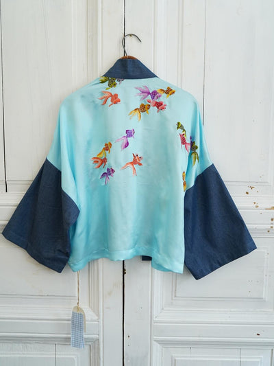 Unlogical Poem Koi Fish Embroidered Silk Patchwork Denim Kimono