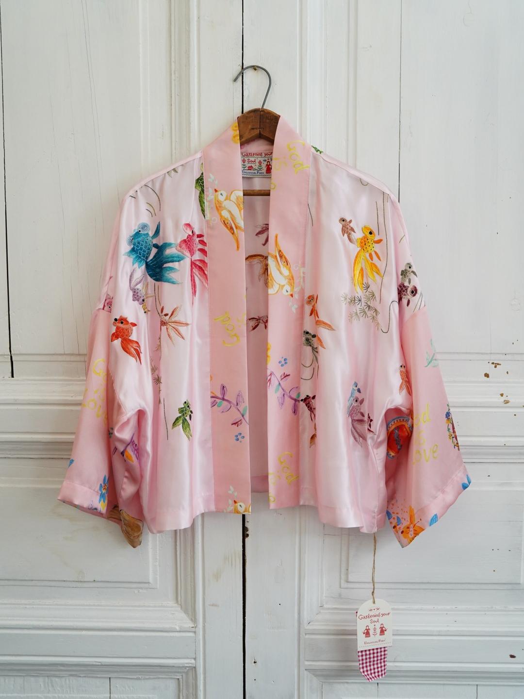 Unlogical Poem Floral Print Koi Fish Embroidered Silk  Kimono
