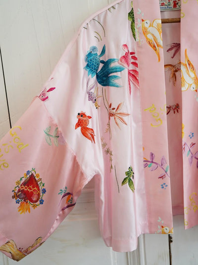 Unlogical Poem Floral Print Koi Fish Embroidered Silk  Kimono
