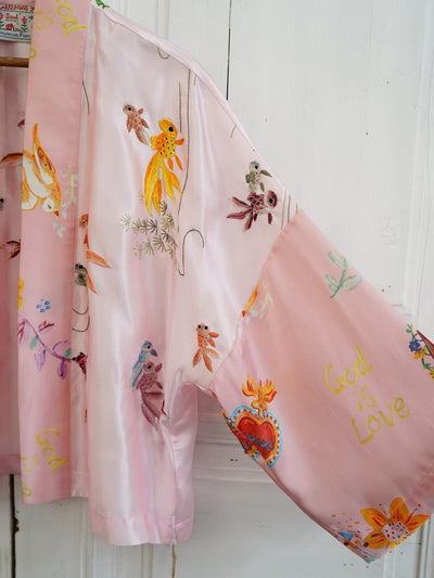 Unlogical Poem Floral Print Koi Fish Embroidered Silk  Kimono