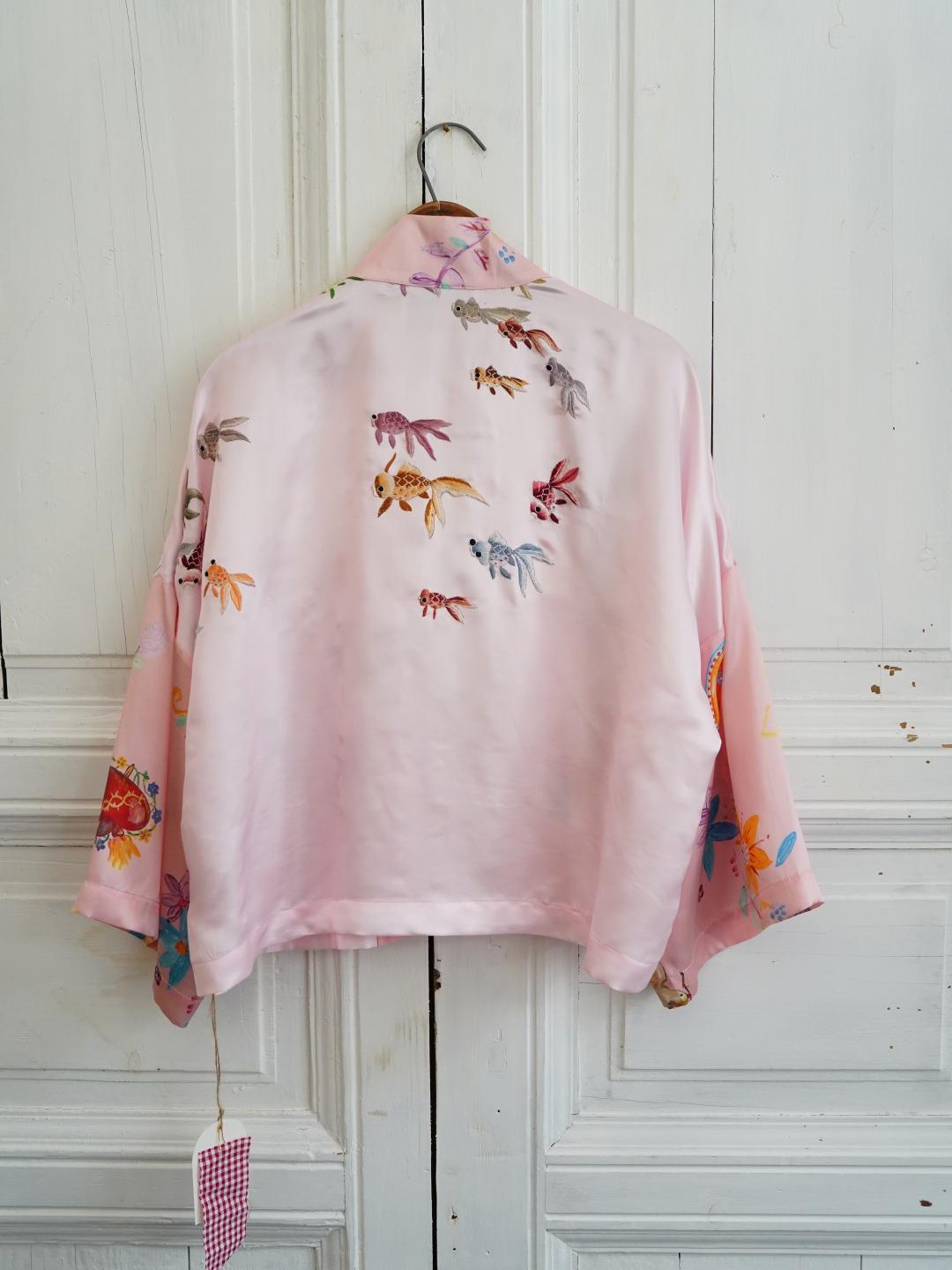 Unlogical Poem Floral Print Koi Fish Embroidered Silk  Kimono