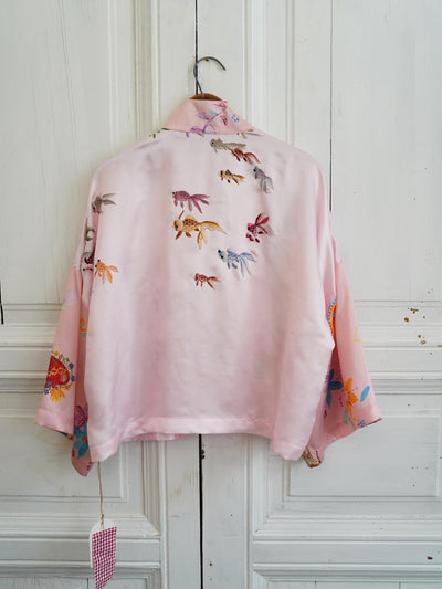 Unlogical Poem Floral Print Koi Fish Embroidered Silk  Kimono