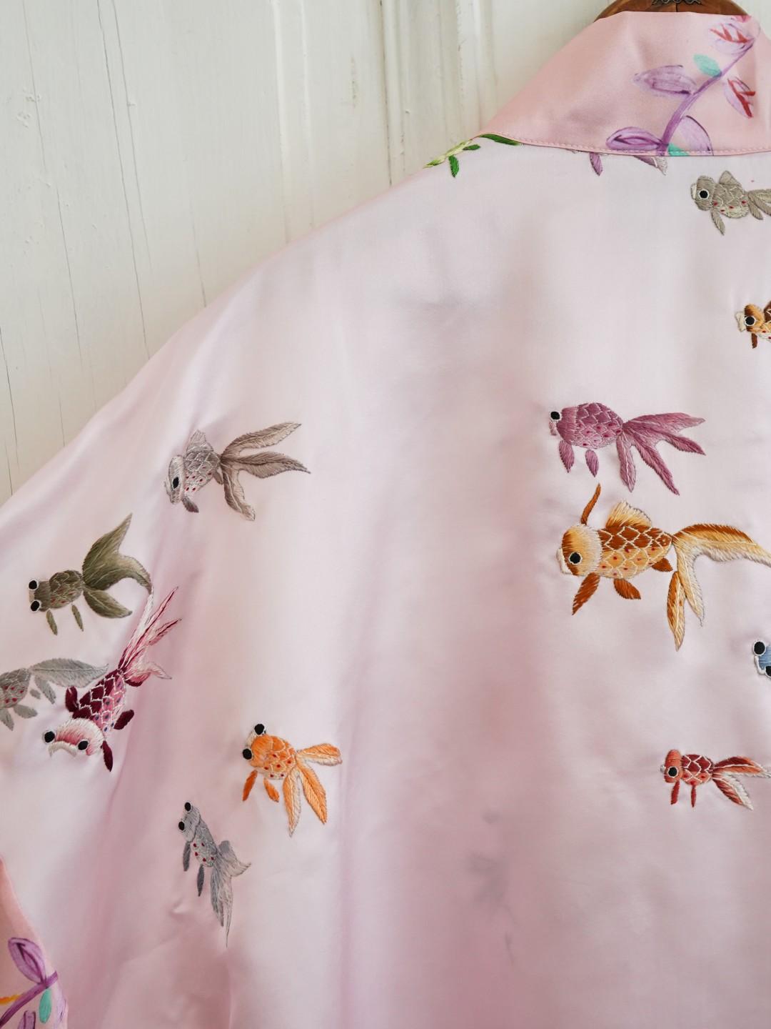 Unlogical Poem Floral Print Koi Fish Embroidered Silk  Kimono