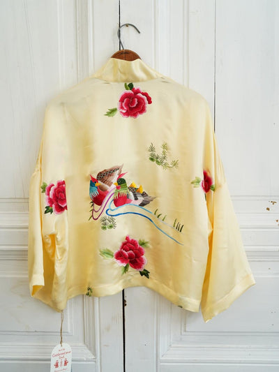 Unlogical Poem  Peony & Lovebirds Embroidered Silk Straight Collar Front Opening Short Blouse