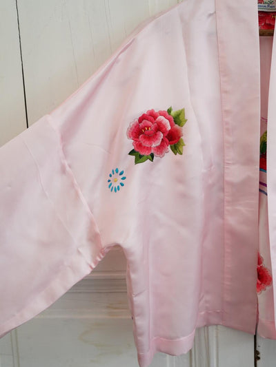 Unlogical Poem  Peony & Lovebirds Embroidered Silk Straight Collar Front Opening Short Blouse