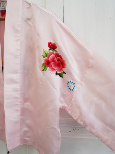 Unlogical Poem  Peony & Lovebirds Embroidered Silk Straight Collar Front Opening Short Blouse