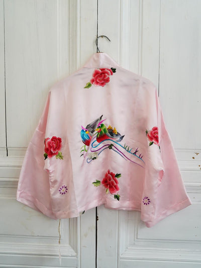 Unlogical Poem  Peony & Lovebirds Embroidered Silk Straight Collar Front Opening Short Blouse