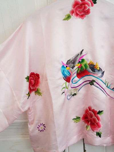 Unlogical Poem  Peony & Lovebirds Embroidered Silk Straight Collar Front Opening Short Blouse