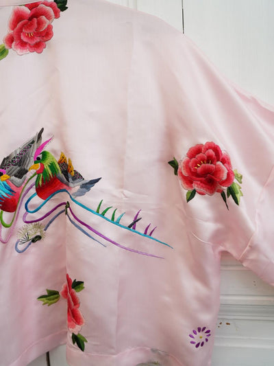 Unlogical Poem  Peony & Lovebirds Embroidered Silk Straight Collar Front Opening Short Blouse