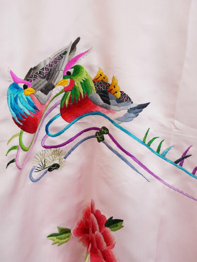 Unlogical Poem  Peony & Lovebirds Embroidered Silk Straight Collar Front Opening Short Blouse