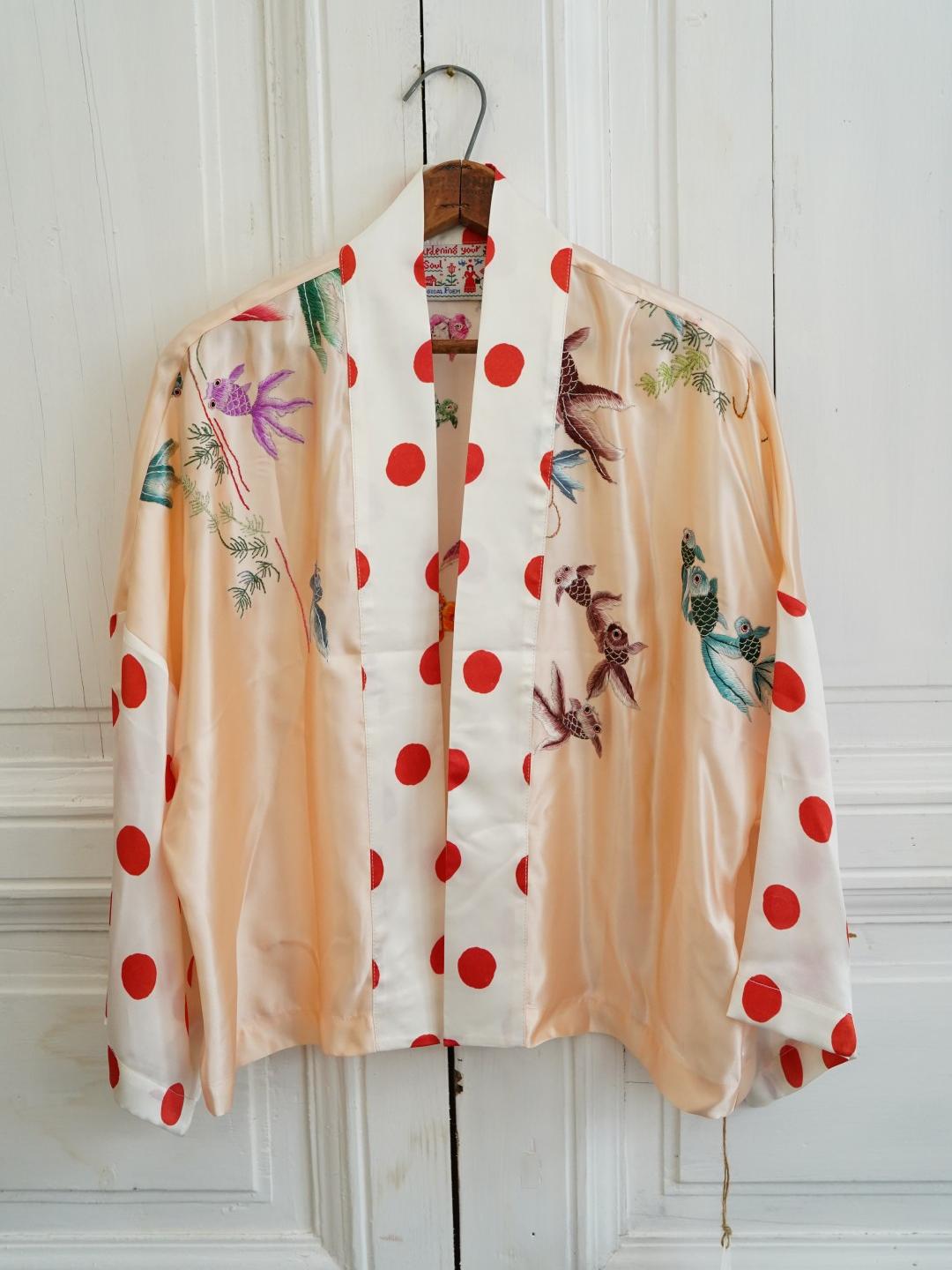 Unlogical Poem Polka Dot  Koi Fish  Embroidered Silk  Kimono