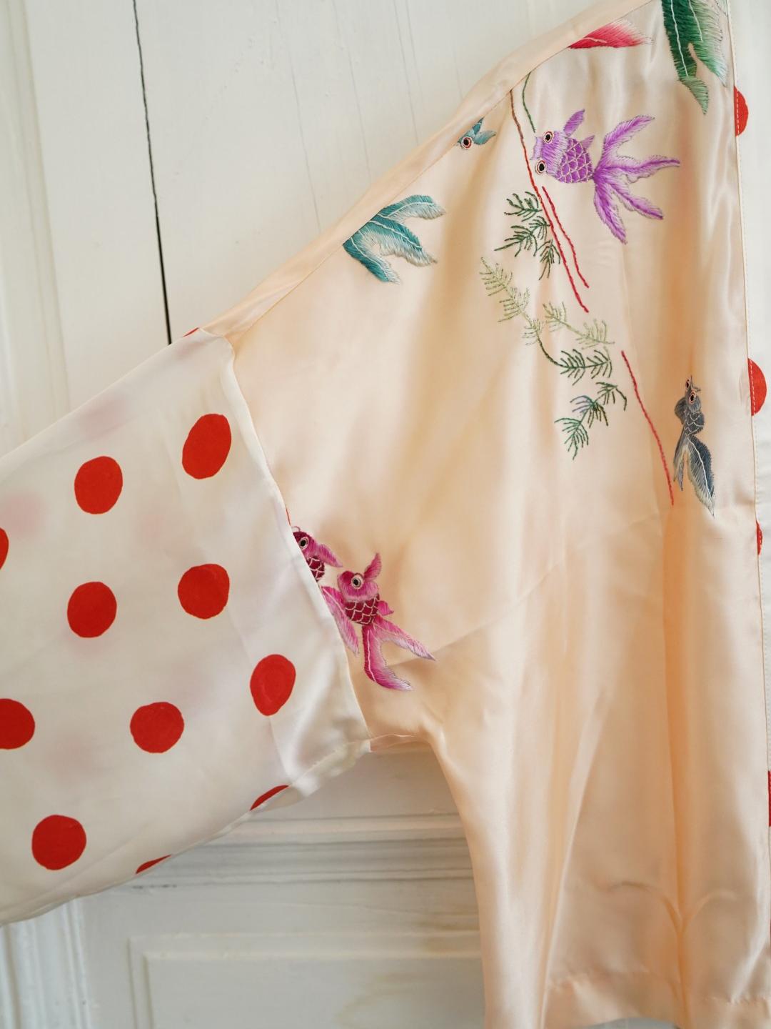 Unlogical Poem Polka Dot  Koi Fish  Embroidered Silk  Kimono