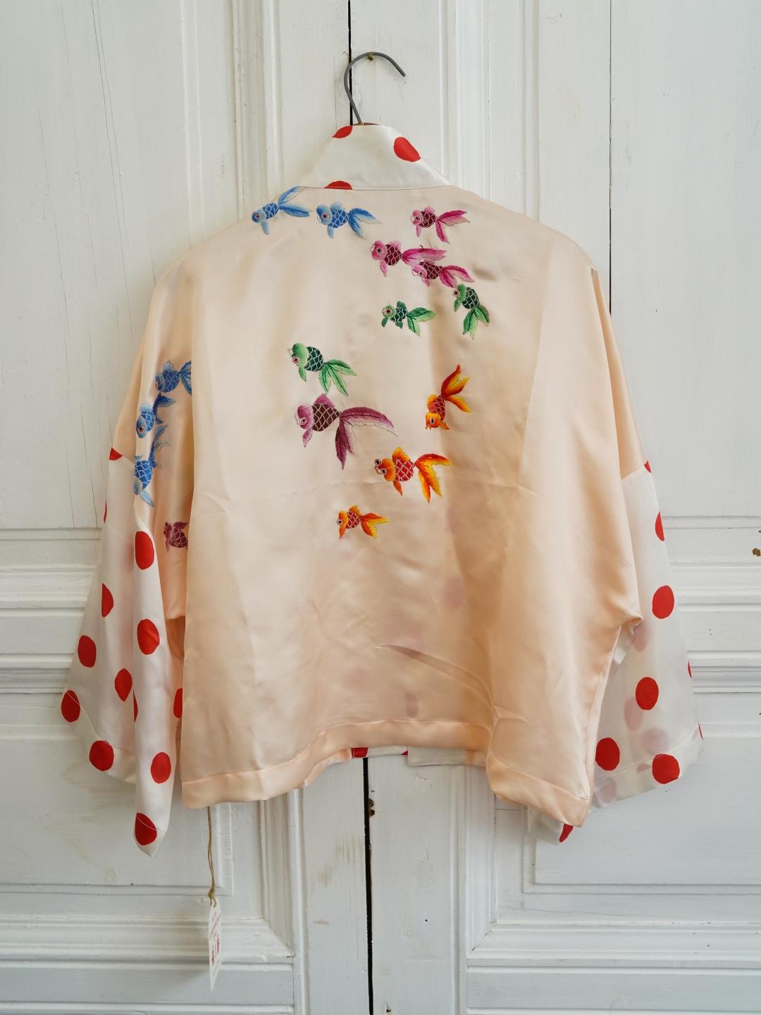 Unlogical Poem Polka Dot  Koi Fish  Embroidered Silk  Kimono